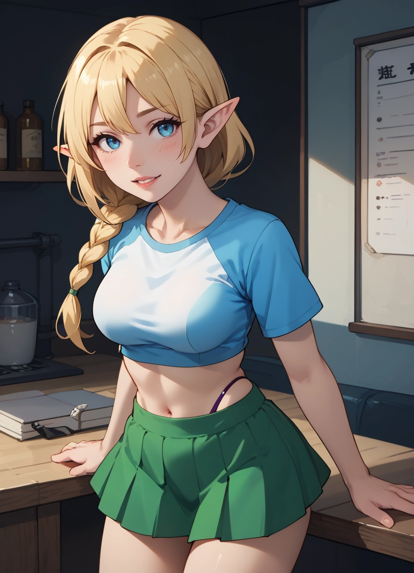 1girl, solo, skirt, blonde hair, pointy ears, blue eyes · Yamete.gg