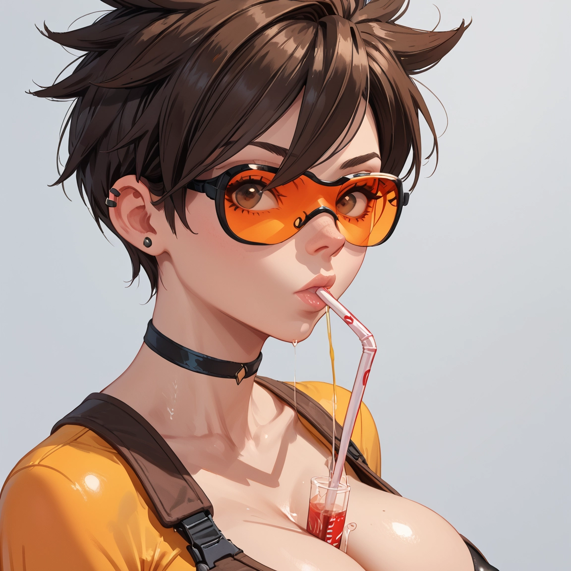1girl, breasts, brown hair, solo, short hair, choker · Yamete.gg