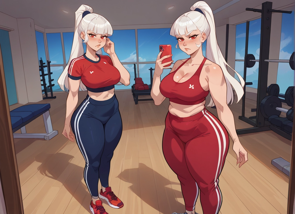breasts, 1girl, red eyes, phone, cellphone, ponytail · Yamete.gg