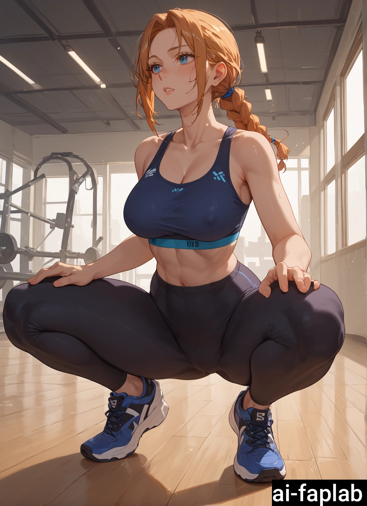 1girl, breasts, yoga pants, solo, blue eyes, squatting