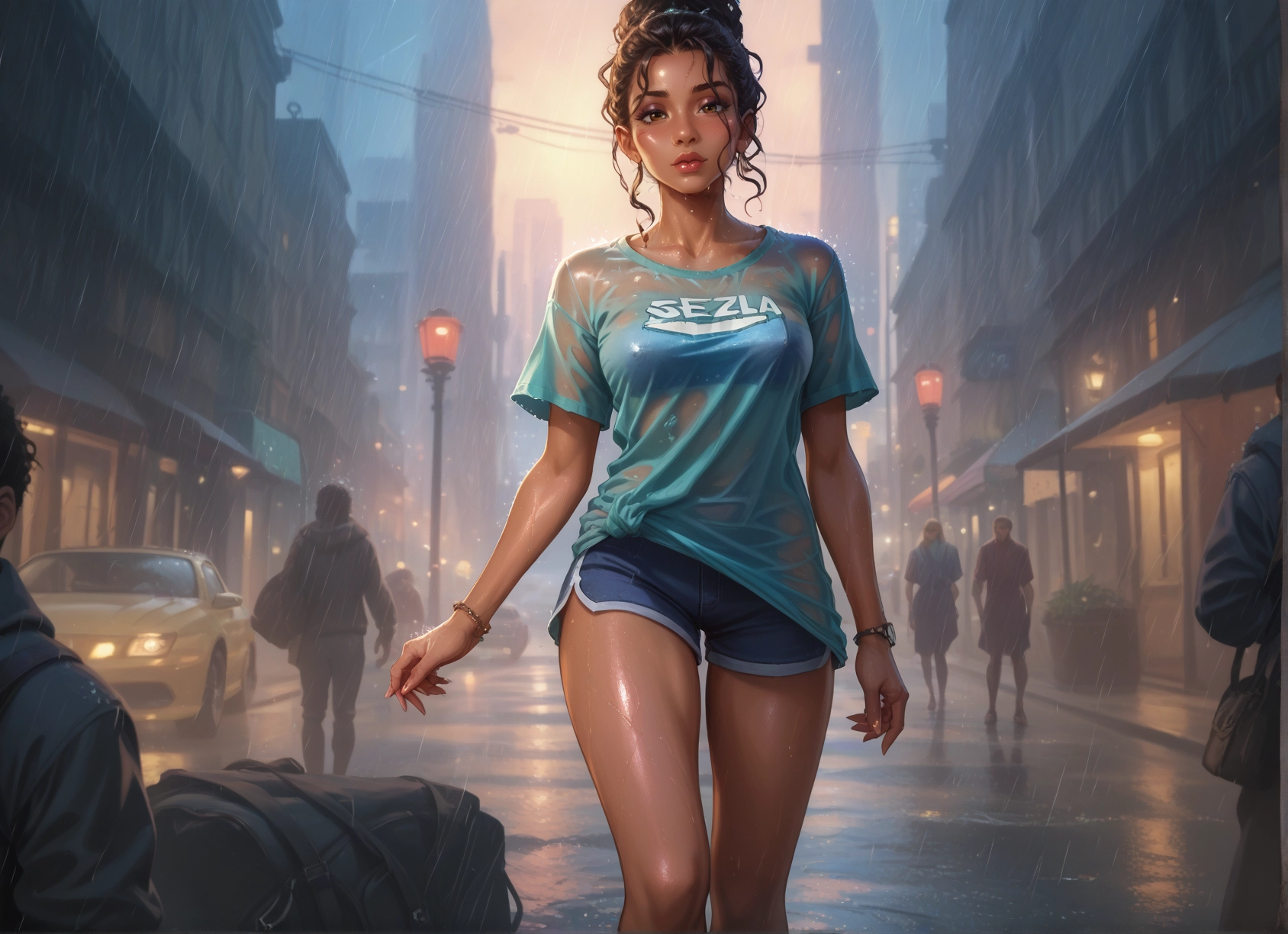 shorts, wet, rain, wet clothes, shirt, motor vehicle · Yamete.gg