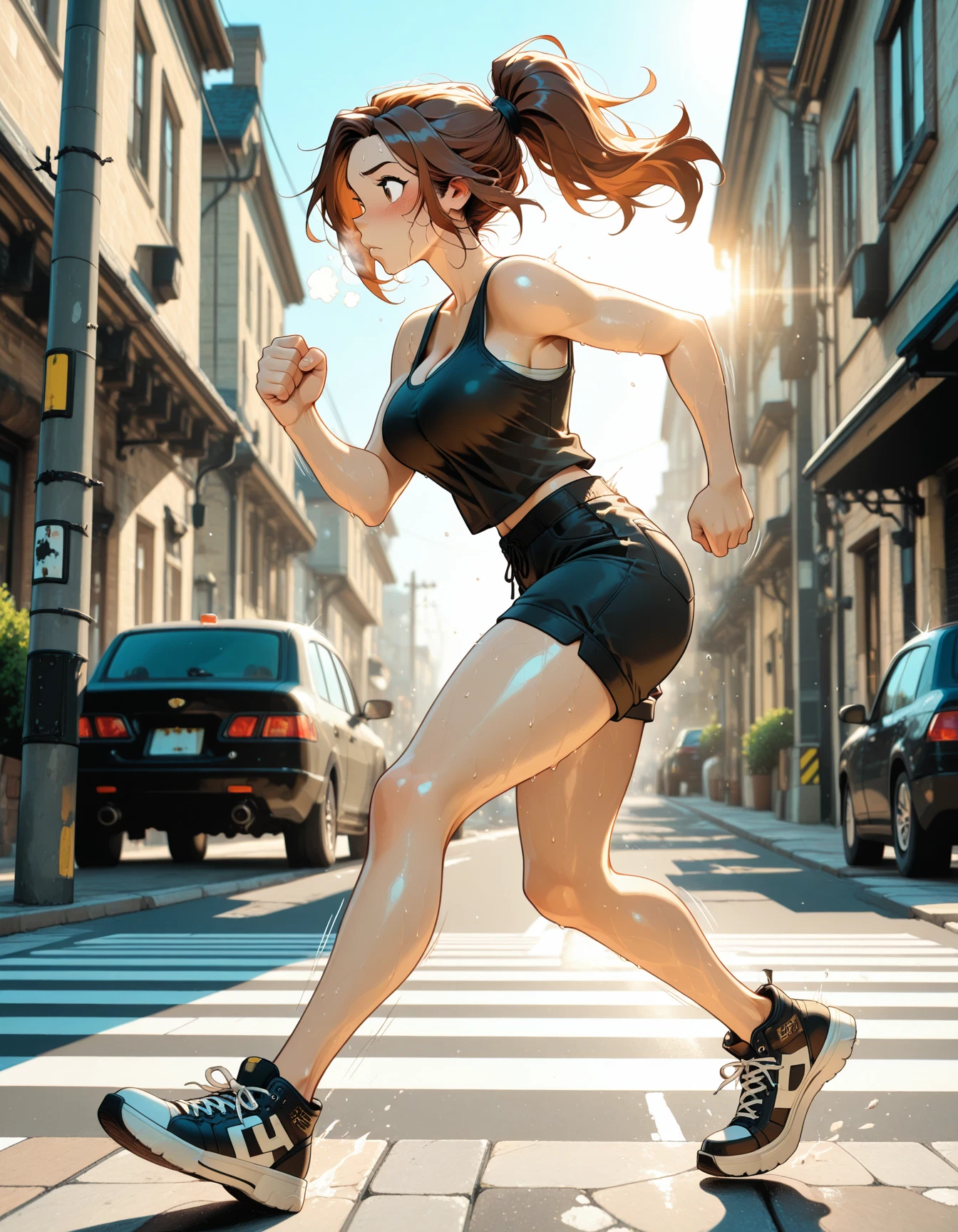 1girl, breasts, sweat, motor vehicle, road, running · Yamete.gg