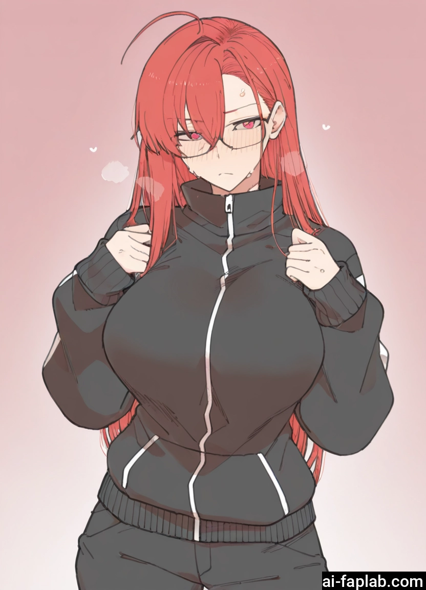 1girl, breasts, glasses, long hair, heart, jacket