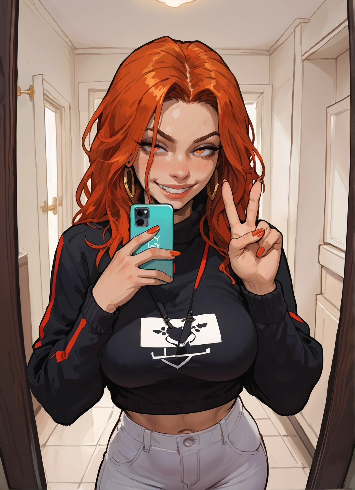 1girl, phone, jewelry, breasts, v, earrings · Yamete.gg