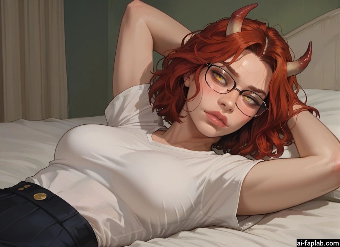 1girl, glasses, horns, solo, lying, shirt · Yamete.gg