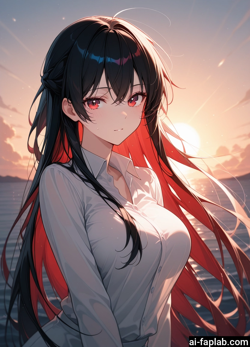 1girl, long hair, solo, breasts, shirt, red eyes