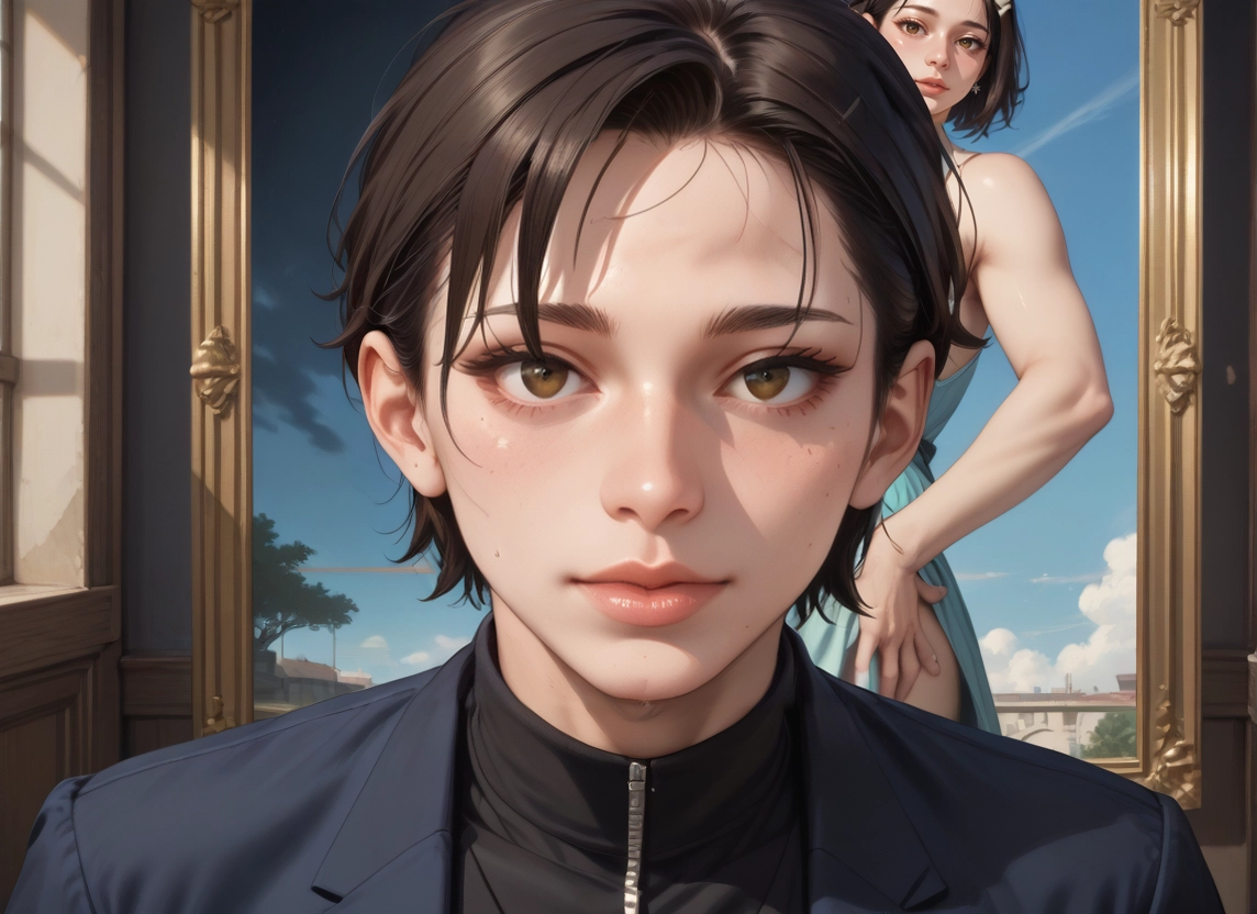 1girl, short hair, looking at viewer, brown eyes, reflection, dress · Yamete.gg