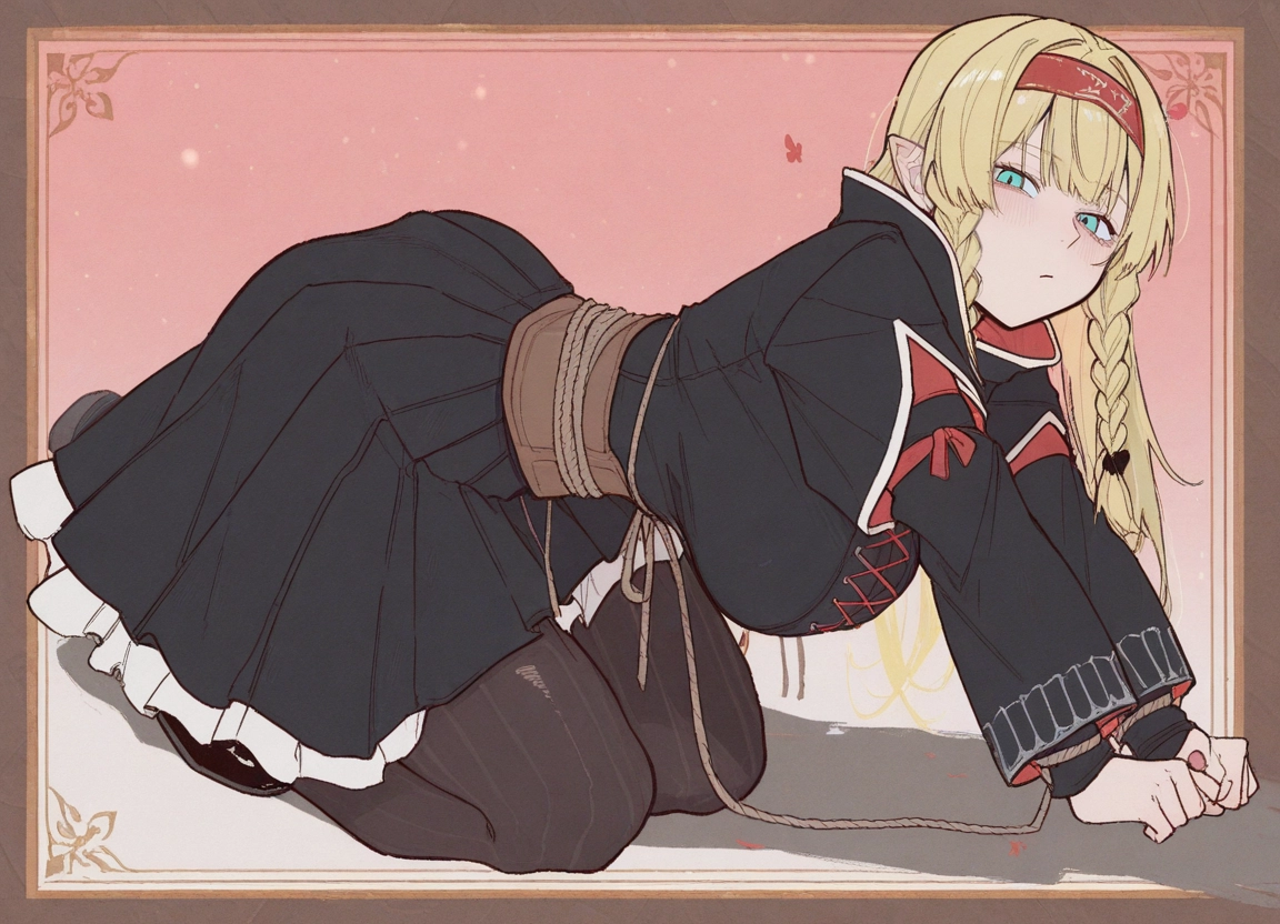1girl, solo, blonde hair, long hair, braid, pointy ears