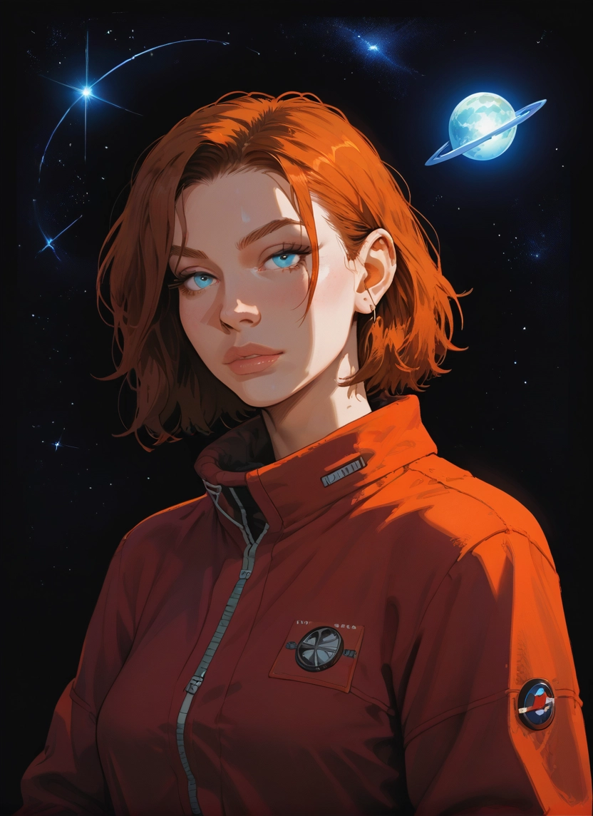 1girl, solo, blue eyes, space, planet, jacket · Yamete.gg