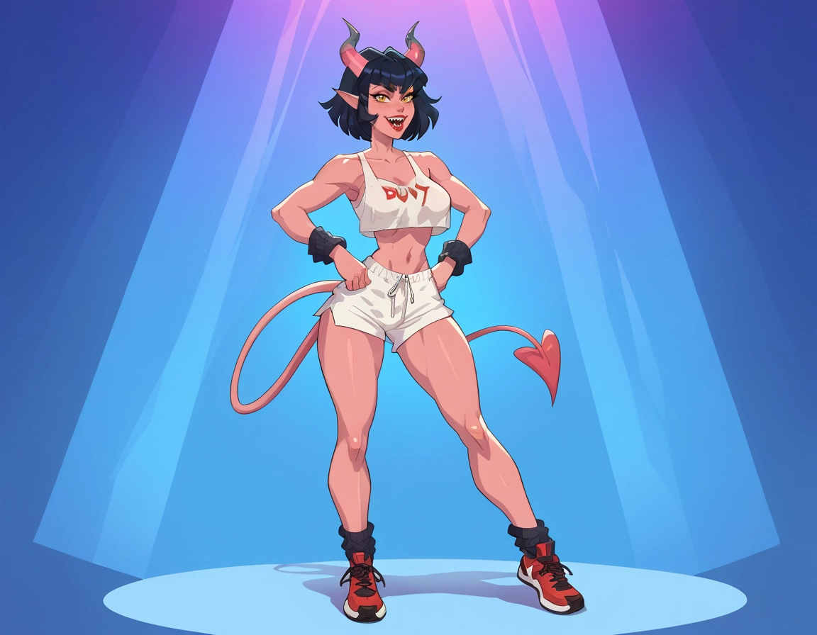 1girl, solo, tail, shorts, black hair, yellow eyes · Yamete.gg