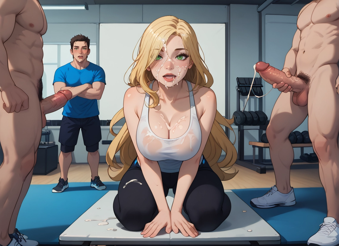 1girl, multiple boys, penis, erection, blonde hair, shirt · Yamete.gg