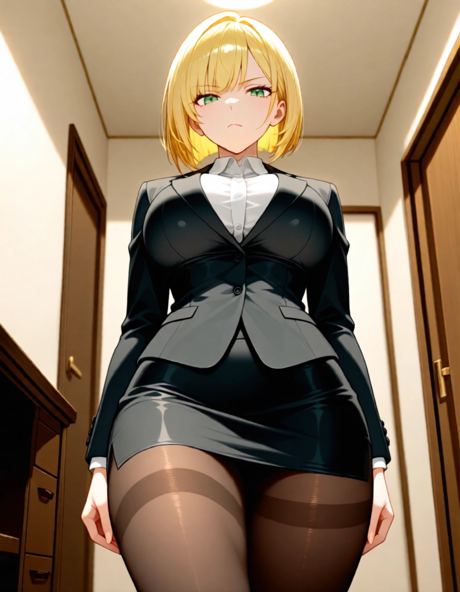 1girl, blonde hair, solo, green eyes, pantyhose, skirt · Yamete.gg