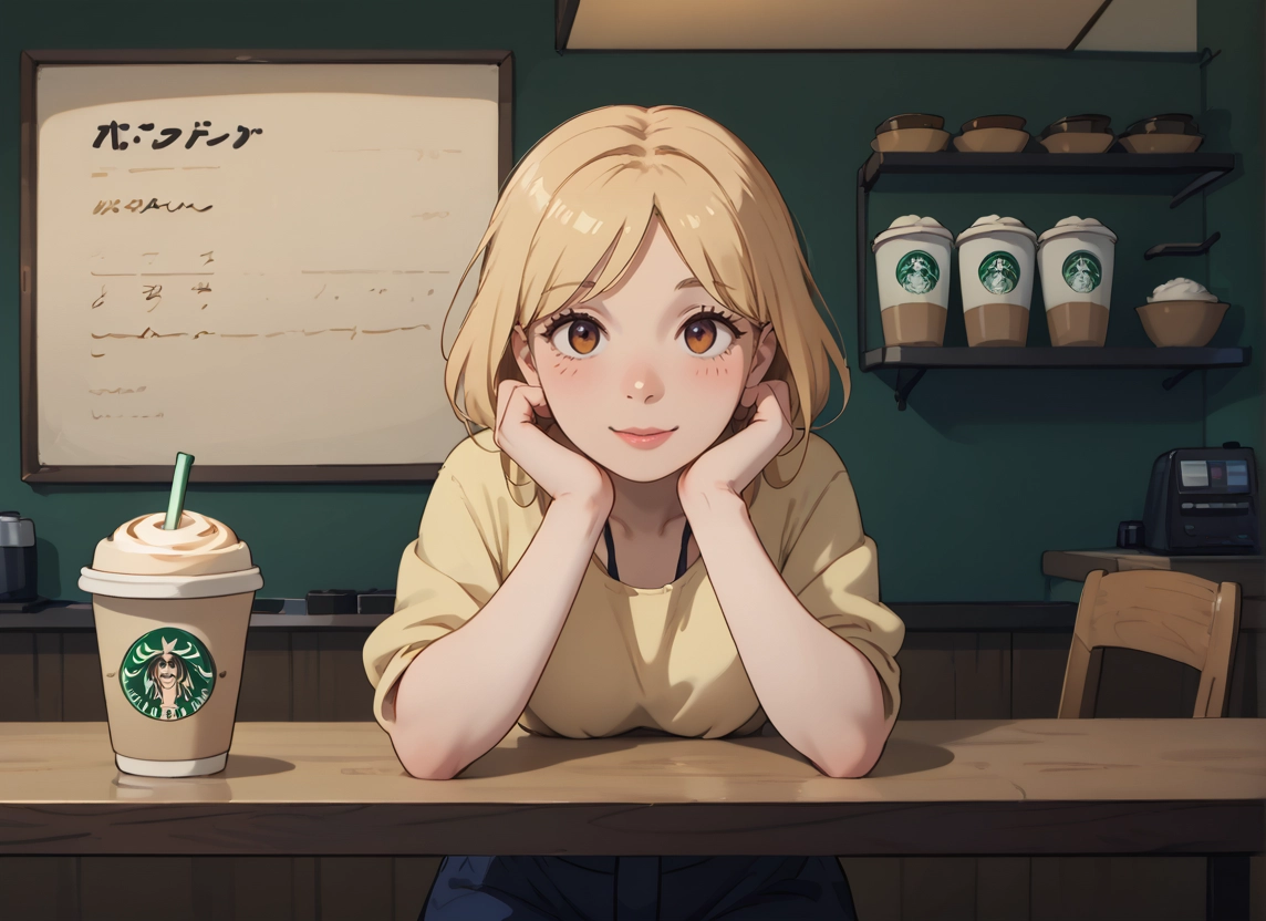 1girl, solo, blonde hair, looking at viewer, smile, sitting · Yamete.gg