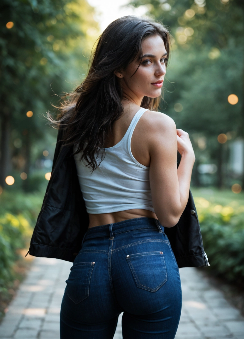 1girl, denim, solo, pants, blurry background, ass