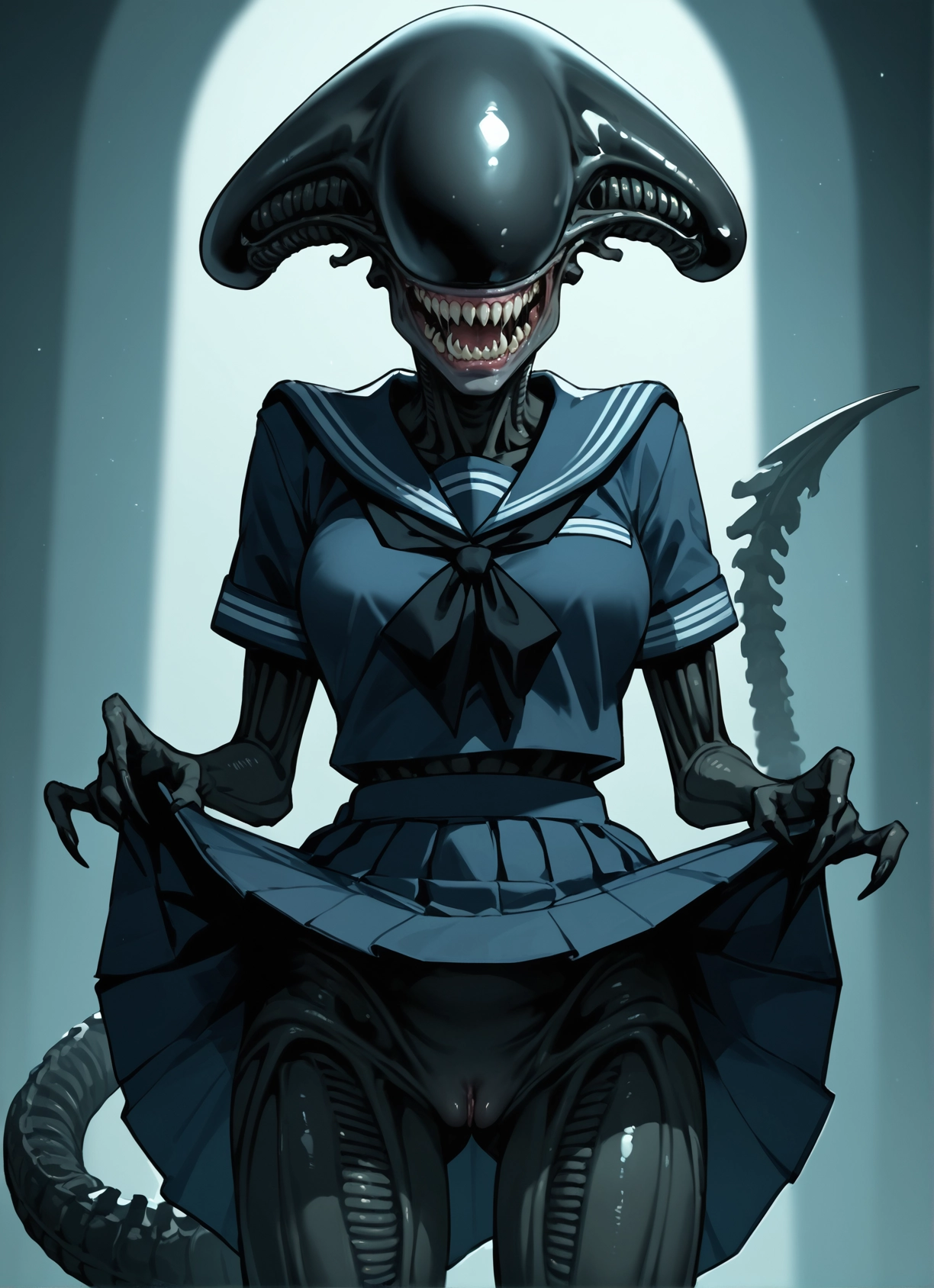 1girl, skirt, school uniform, clothes lift, skirt lift, pussy · Yamete.gg