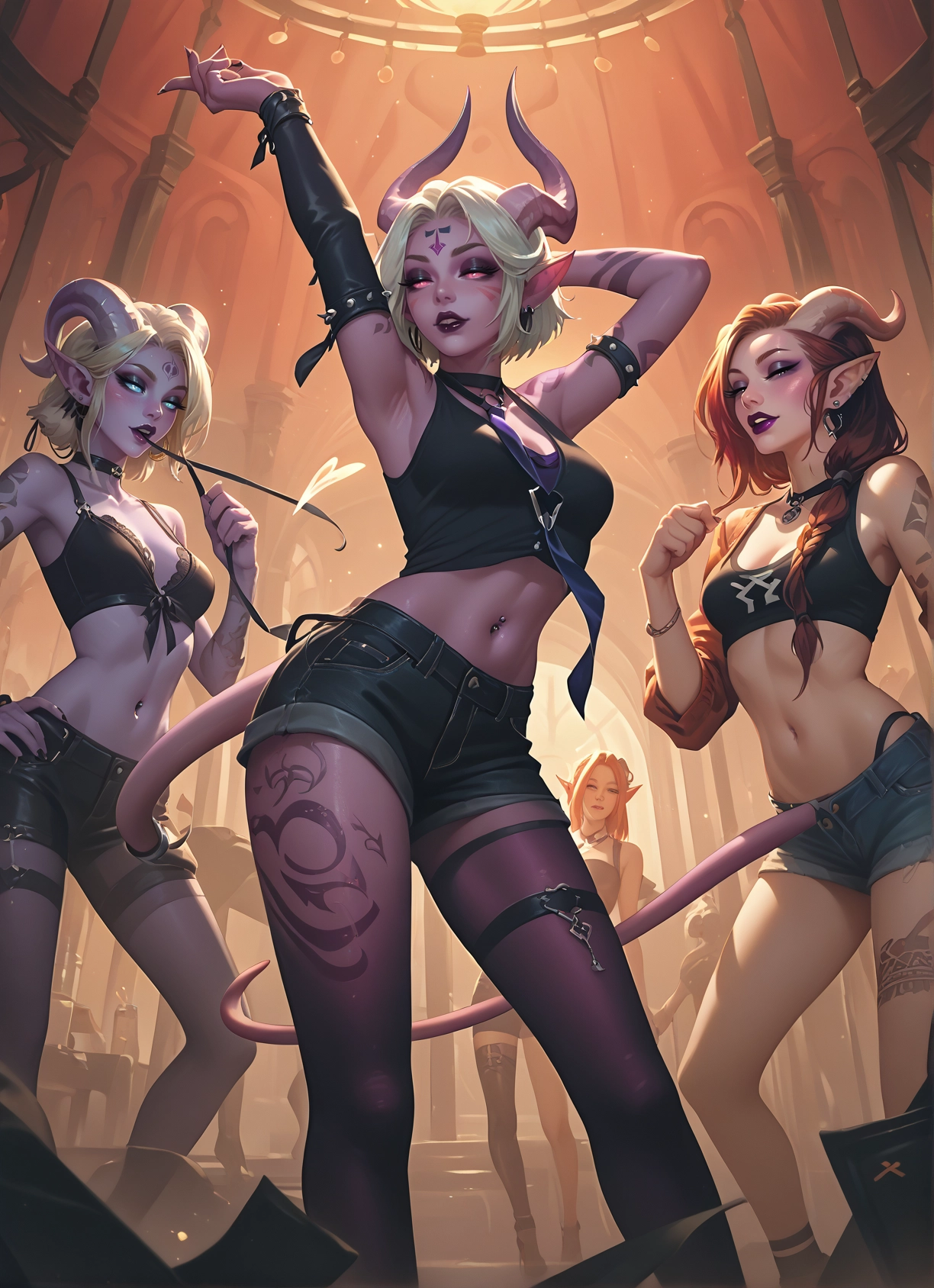 multiple girls, horns, tail, shorts, piercing, navel piercing · Yamete.gg