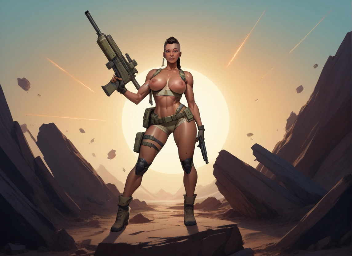 1girl, weapon, gun, breasts, solo, nipples · Yamete.gg