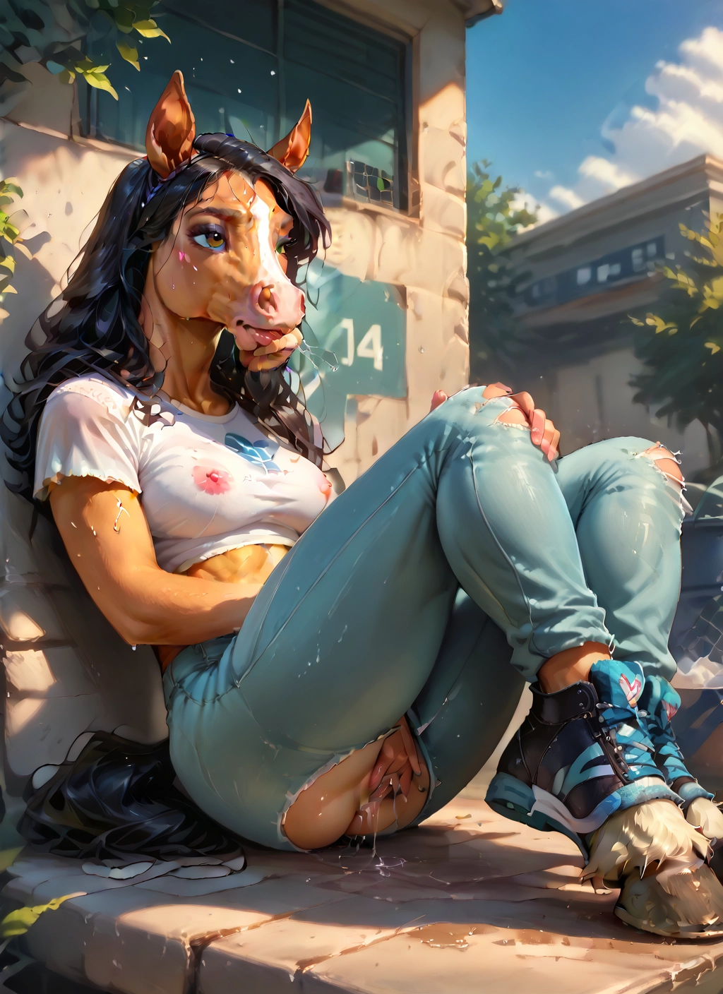 furry, 1girl, solo, animal ears, breasts, pants · Yamete.gg
