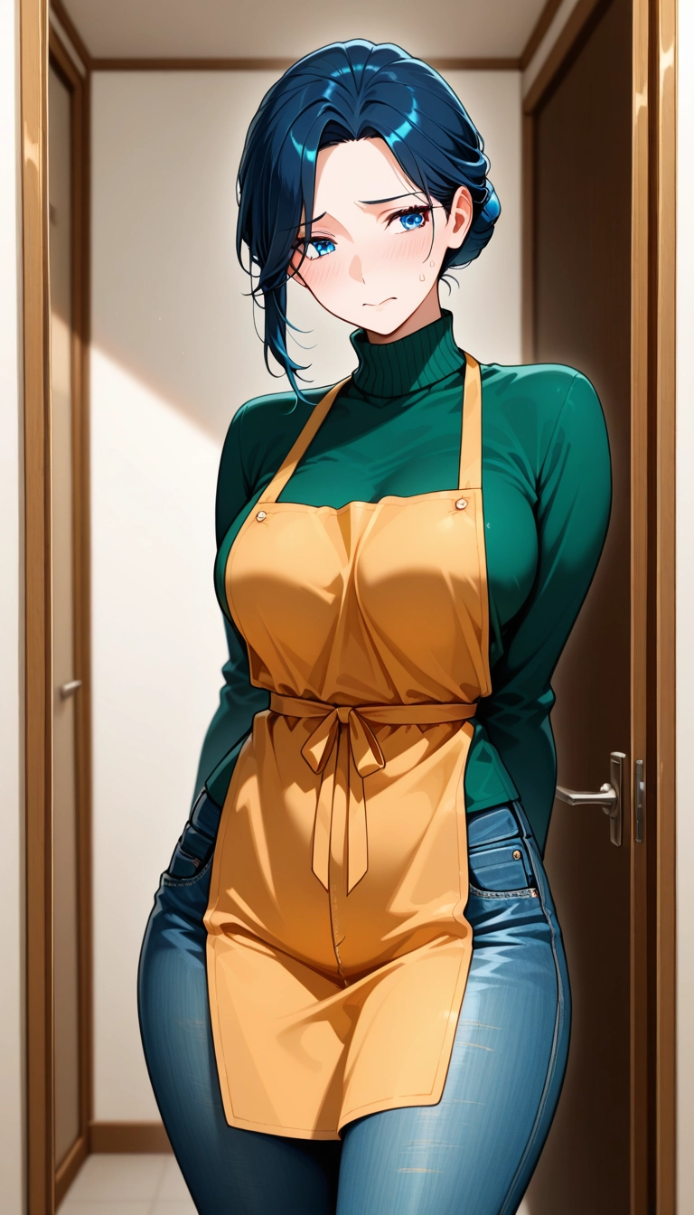 1girl, pants, solo, apron, jeans, denim · Yamete.gg