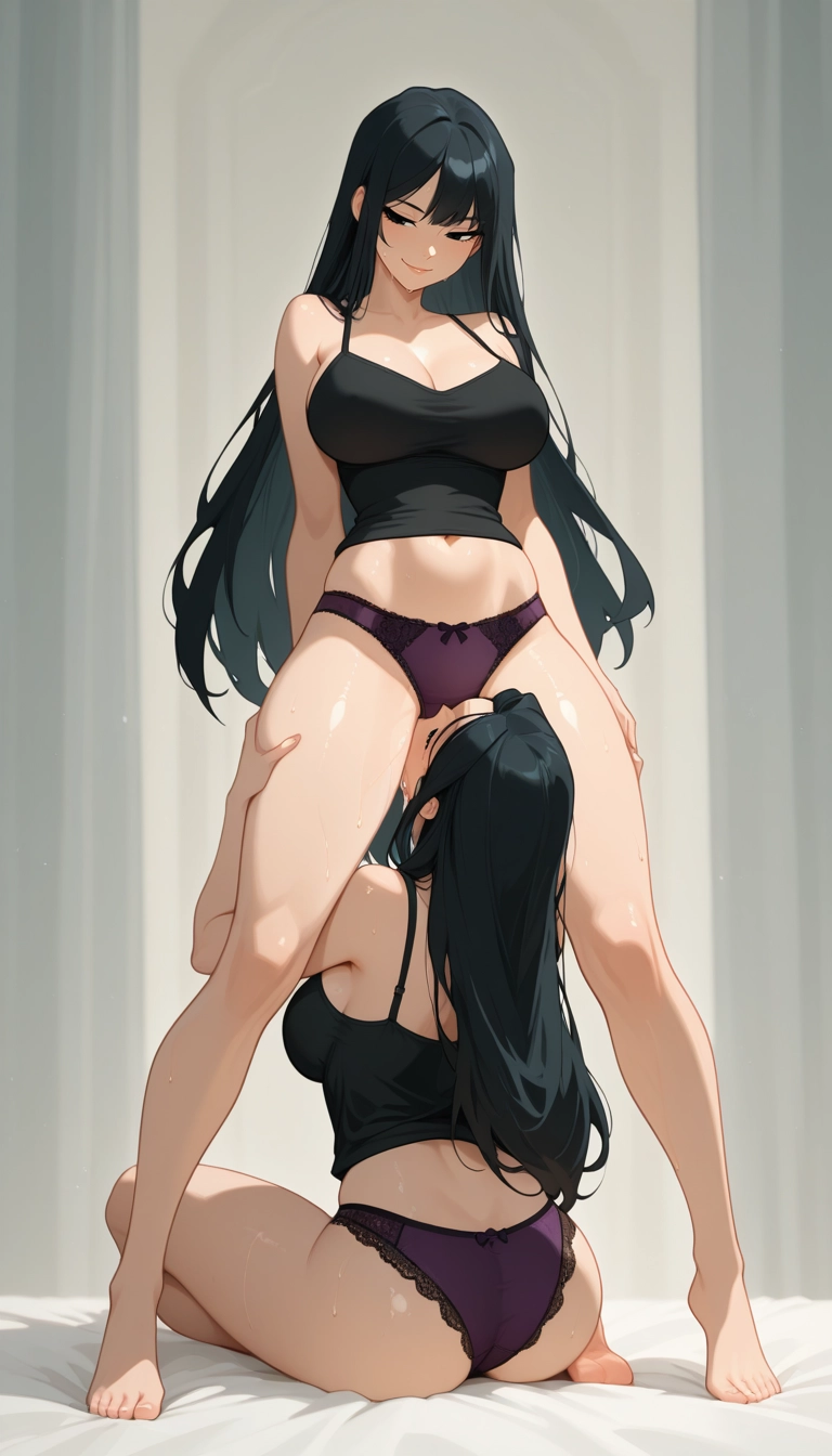 breasts, underwear, panties, black hair, purple panties, long hair