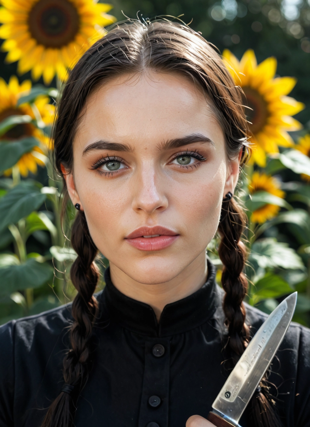 1girl, solo, flower, braid, knife, sunflower · Yamete.gg
