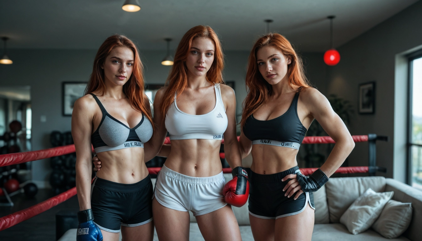 3girls, multiple girls, breasts, shorts, navel, sports bra