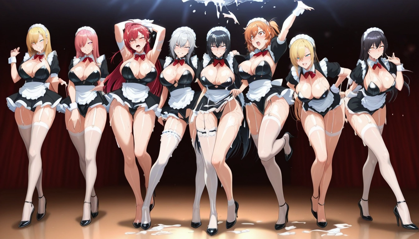 breasts, long hair, multiple girls, blonde hair, black hair, thighhighs · Yamete.gg