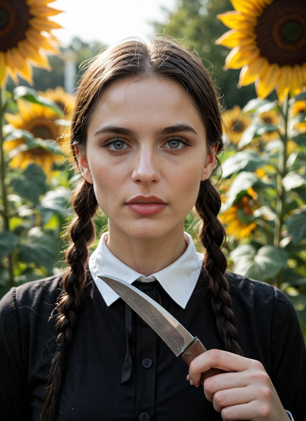 1girl, flower, solo, braid, sunflower, knife · Yamete.gg