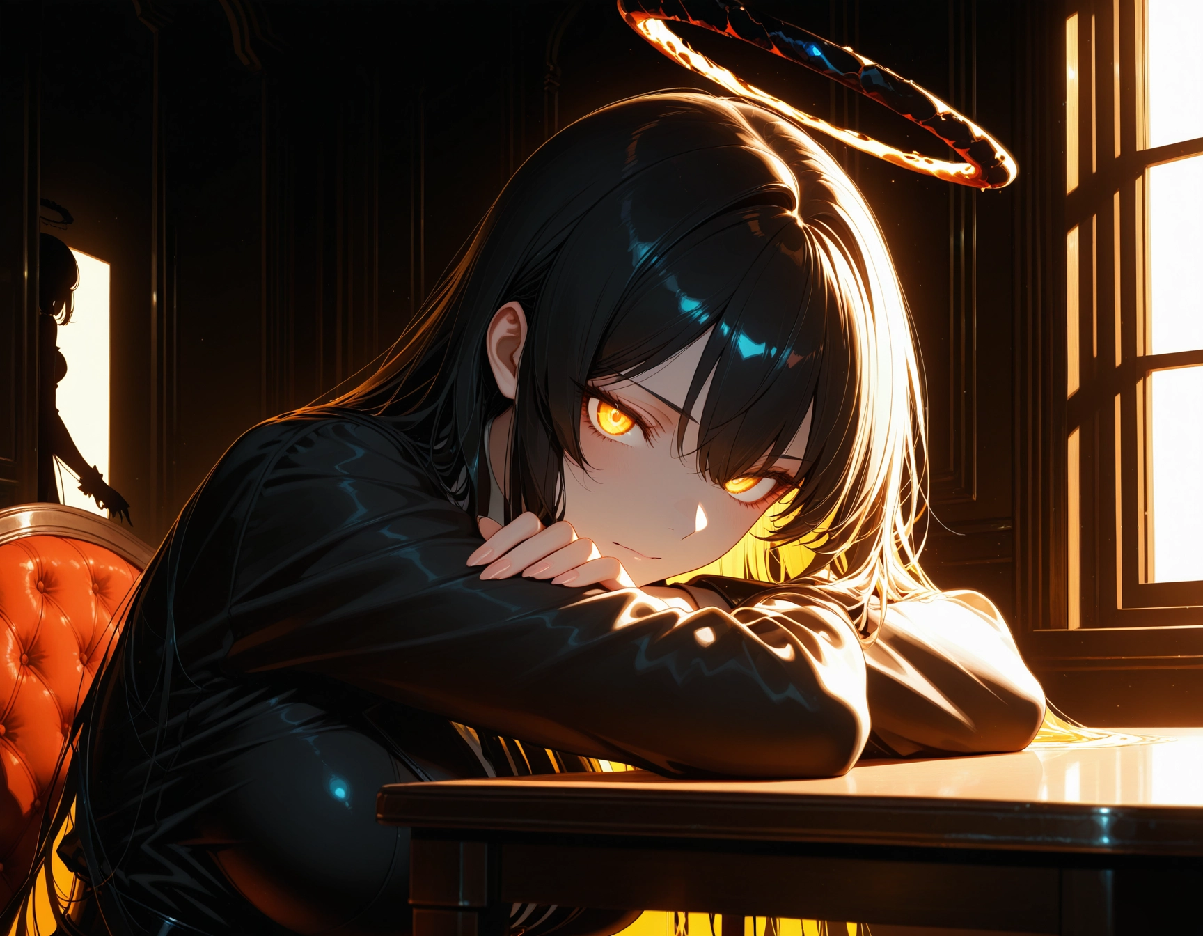 black hair, looking at viewer, long hair, indoors, breasts, halo · Yamete.gg