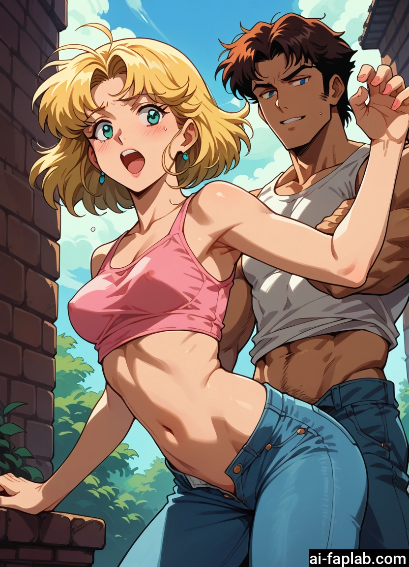 1girl, 1boy, blonde hair, jewelry, breasts, pants