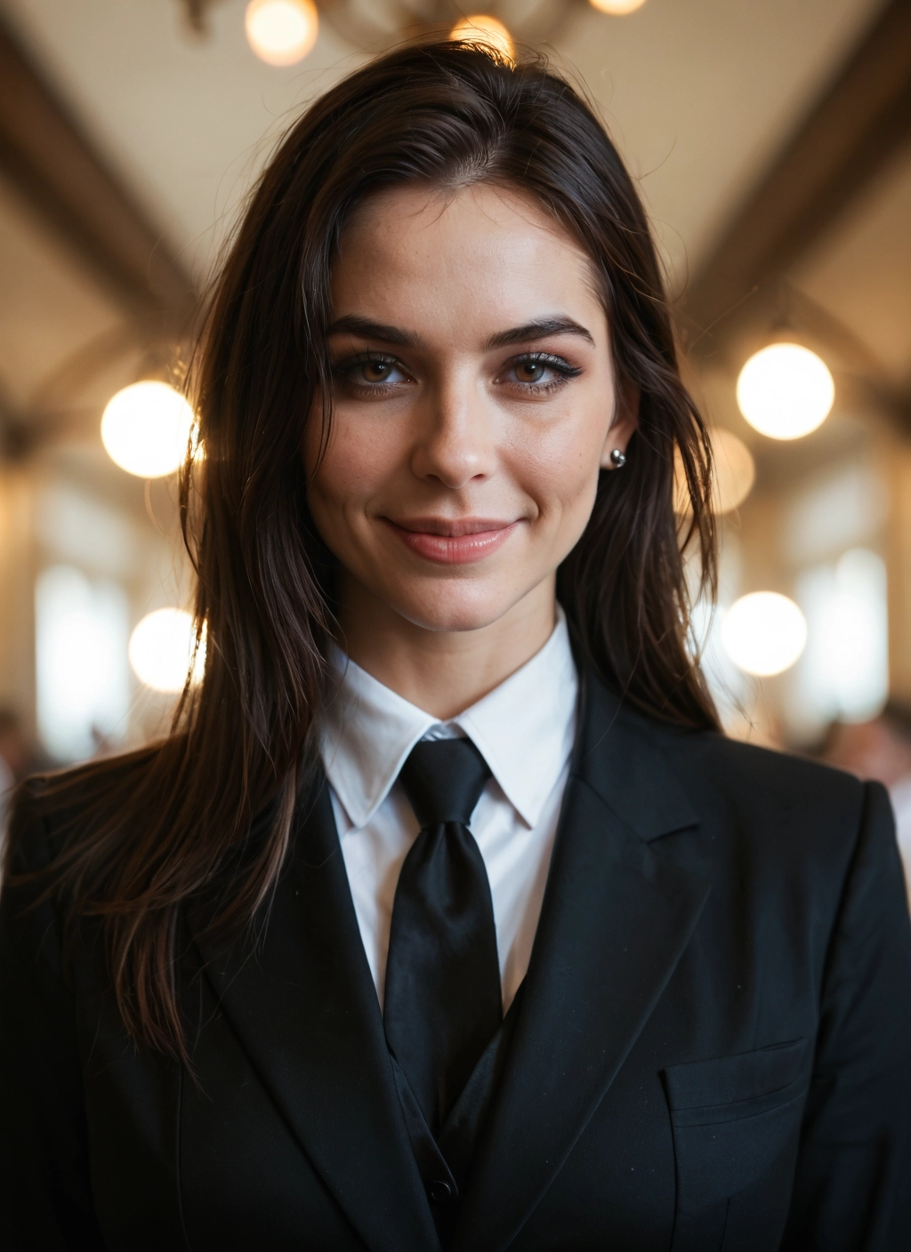 1girl, solo, necktie, jewelry, earrings, brown eyes · Yamete.gg