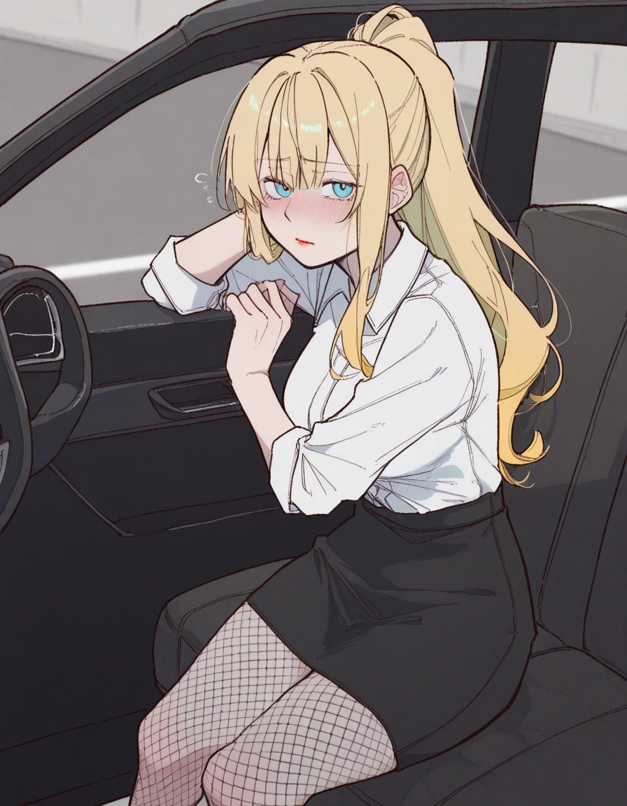 1girl, blonde hair, skirt, fishnets, shirt, blush · Yamete.gg