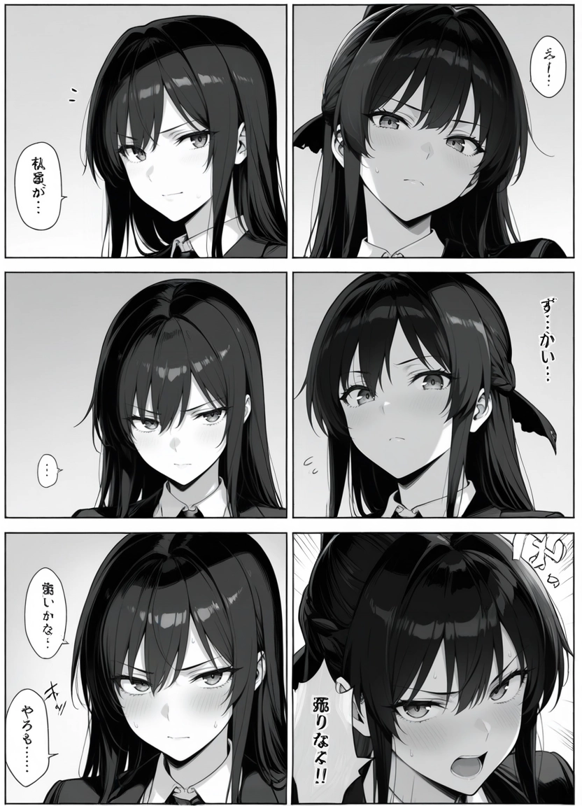 monochrome, greyscale, comic, blush, 1girl, long hair