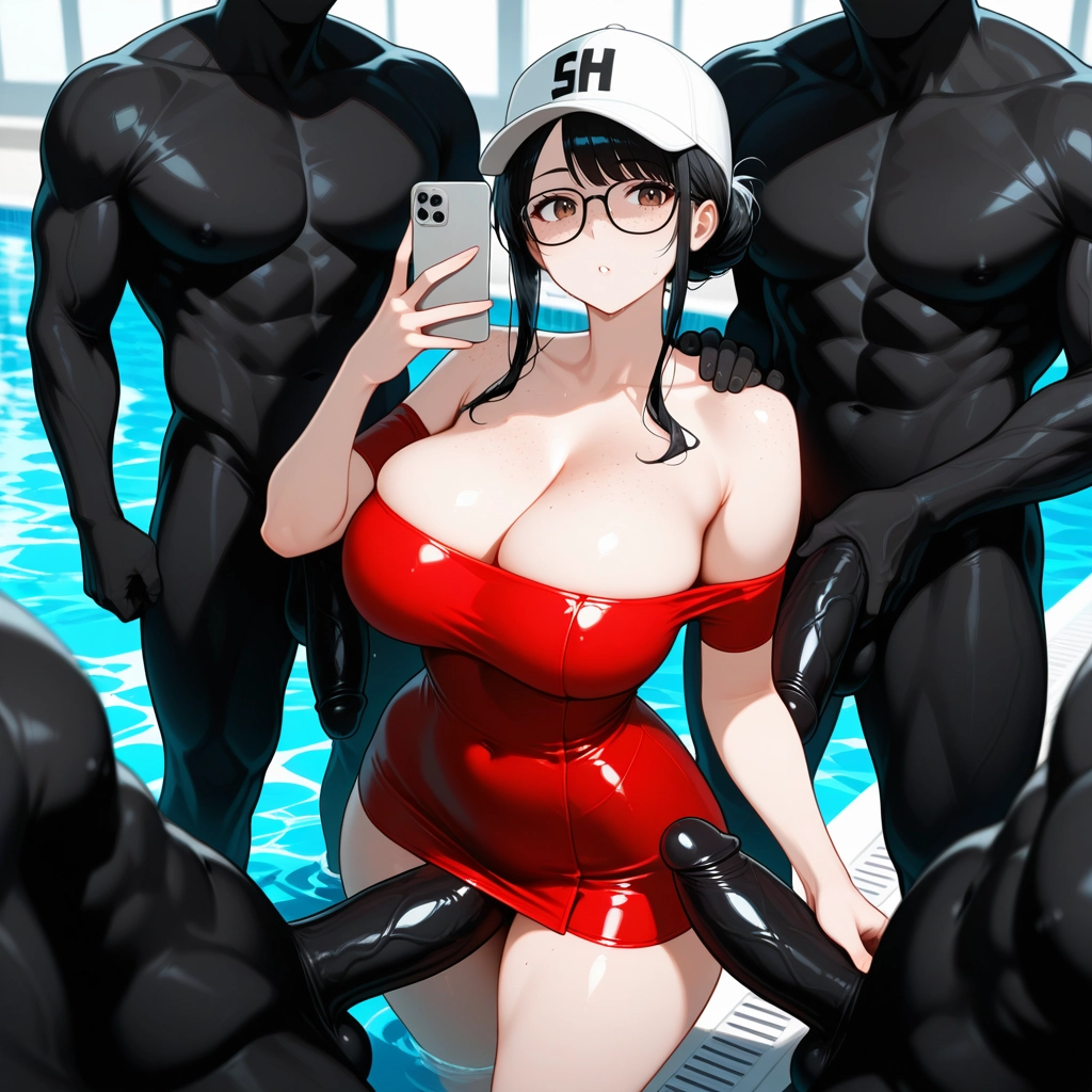 1girl, breasts, multiple boys, penis, cleavage, erection