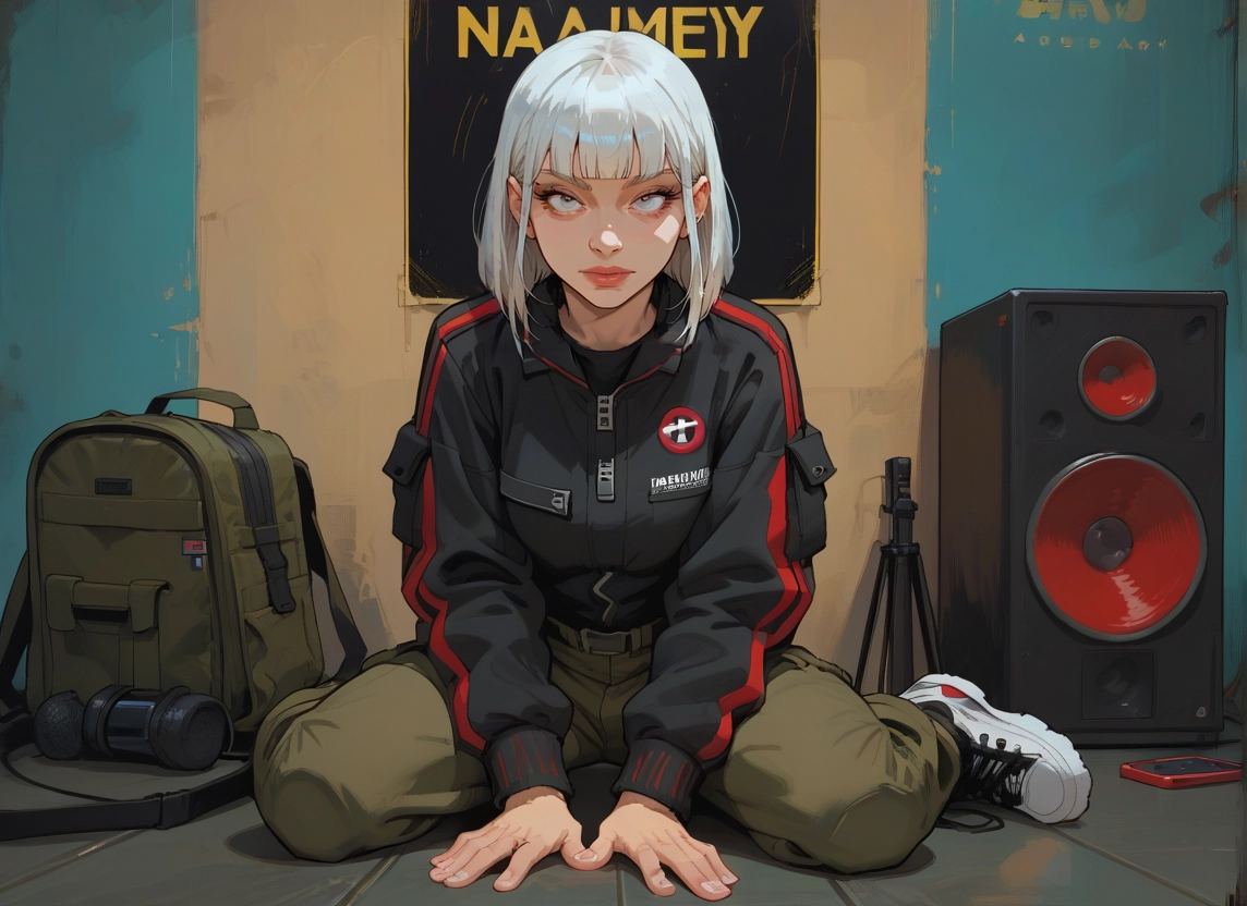 1girl, solo, jacket, backpack, bag, sitting