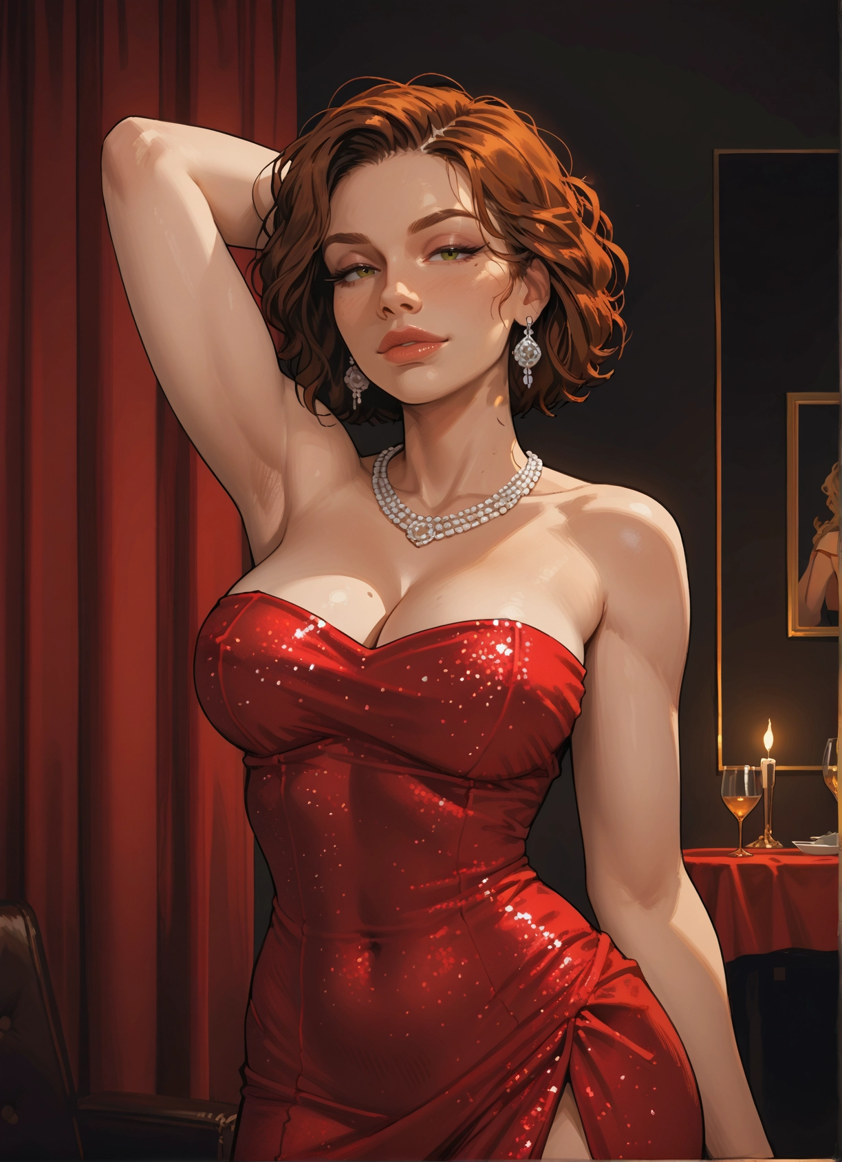 breasts, 1girl, jewelry, dress, earrings, cleavage · Yamete.gg