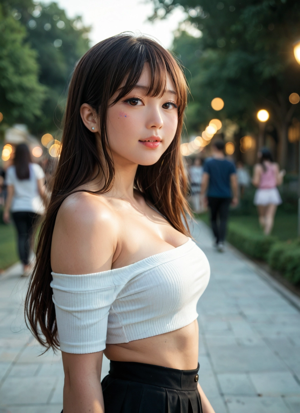 breasts, brown hair, long hair, brown eyes, skirt, looking at viewer · Yamete.gg