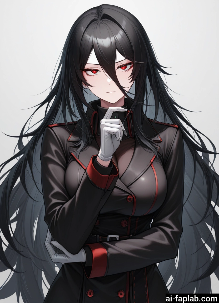 1girl, long hair, gloves, red eyes, breasts, black hair · Yamete.gg