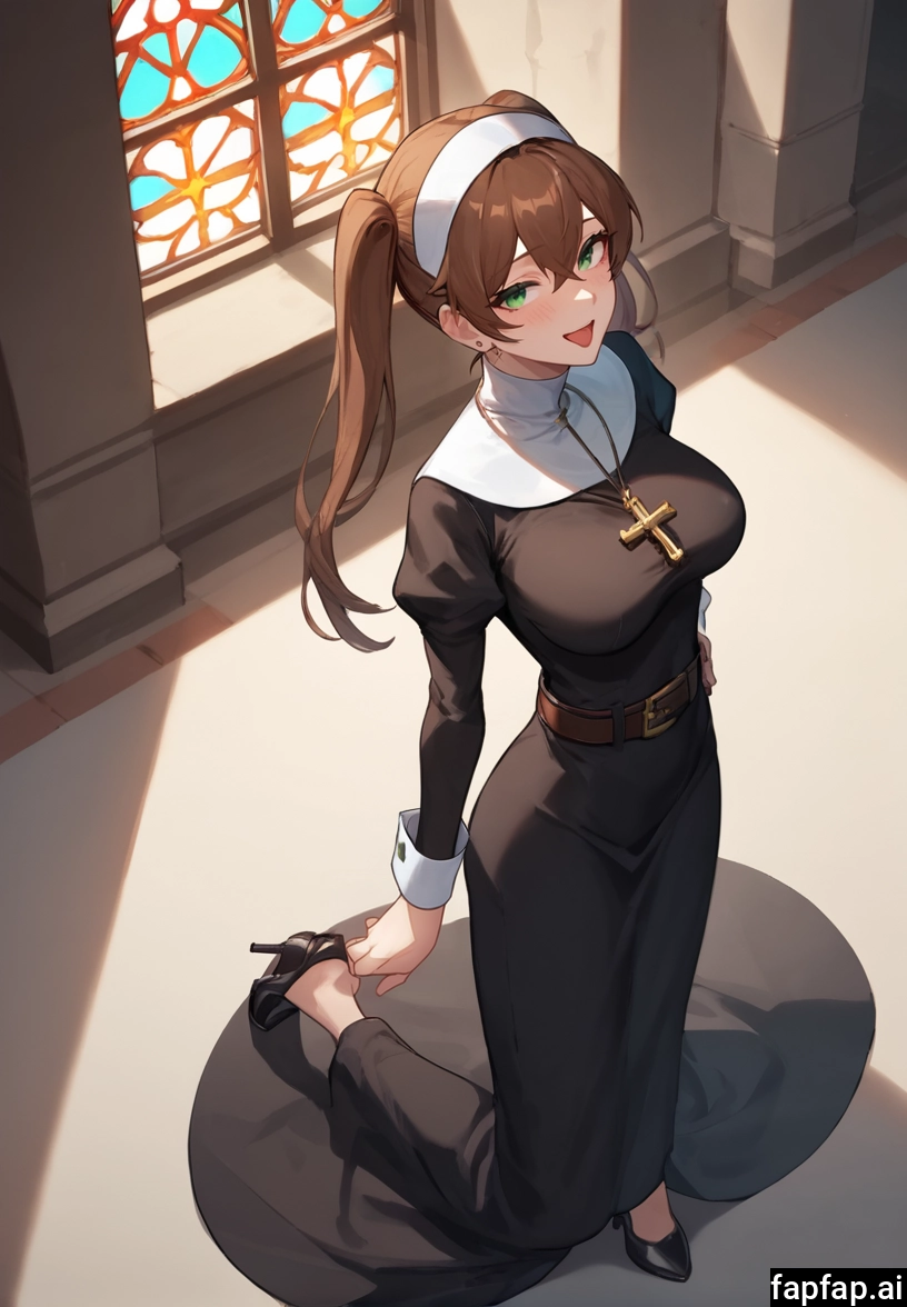 1girl, solo, breasts, nun, green eyes, brown hair