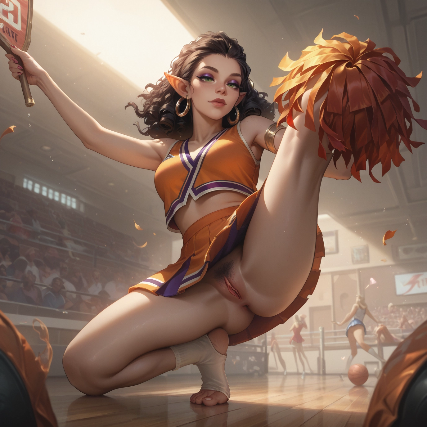 pussy, cheerleader, pointy ears, jewelry, pom pom (cheerleading), earrings · Yamete.gg