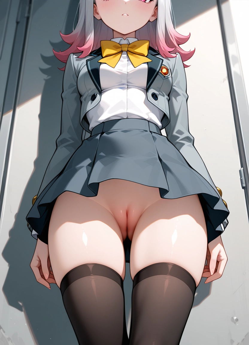 1girl, thighhighs, solo, skirt, pussy, pink hair