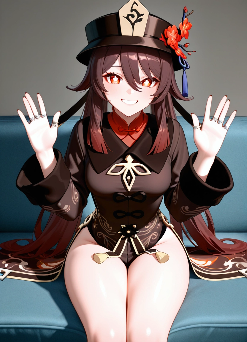 1girl, ring, hu tao (genshin impact), solo, smile, sitting · Yamete.gg