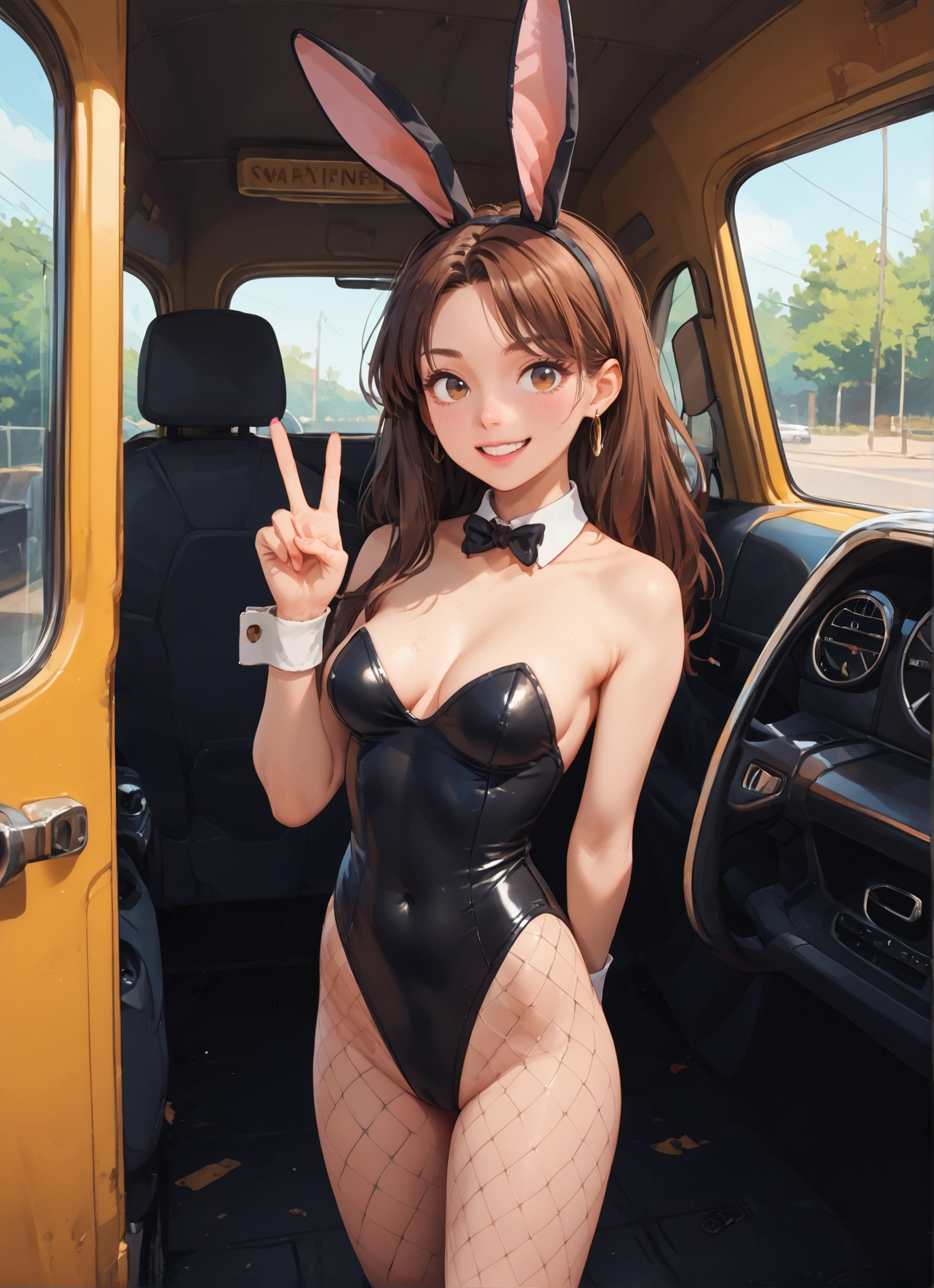 1girl, animal ears, rabbit ears, brown hair, breasts, playboy bunny · Yamete.gg