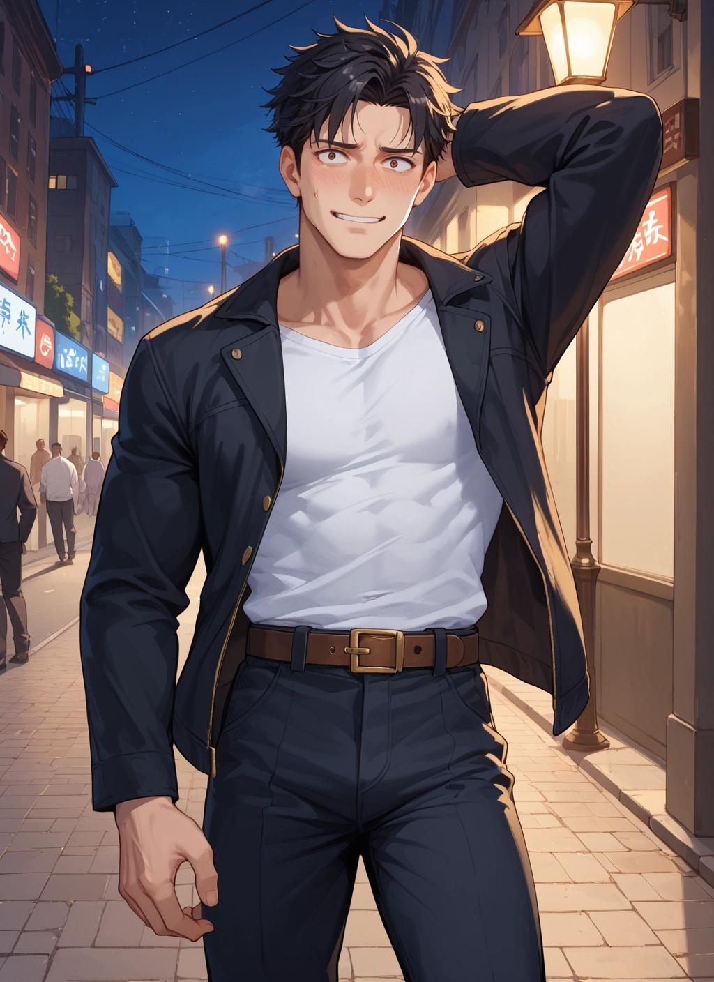 male focus, jacket, blush, pants, belt, black hair · Yamete.gg