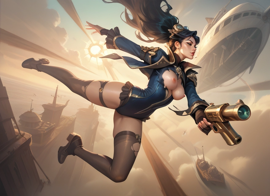 1girl, breasts, weapon, nipples, thighhighs, goggles · Yamete.gg