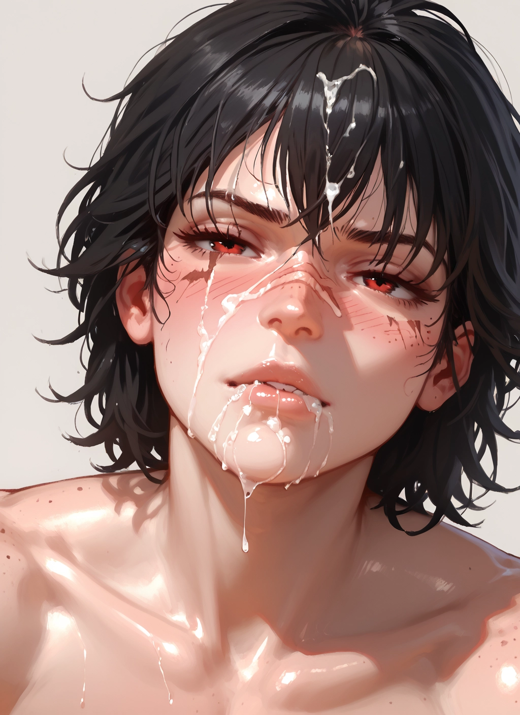 cum, 1girl, solo, red eyes, facial, cum in mouth · Yamete.gg