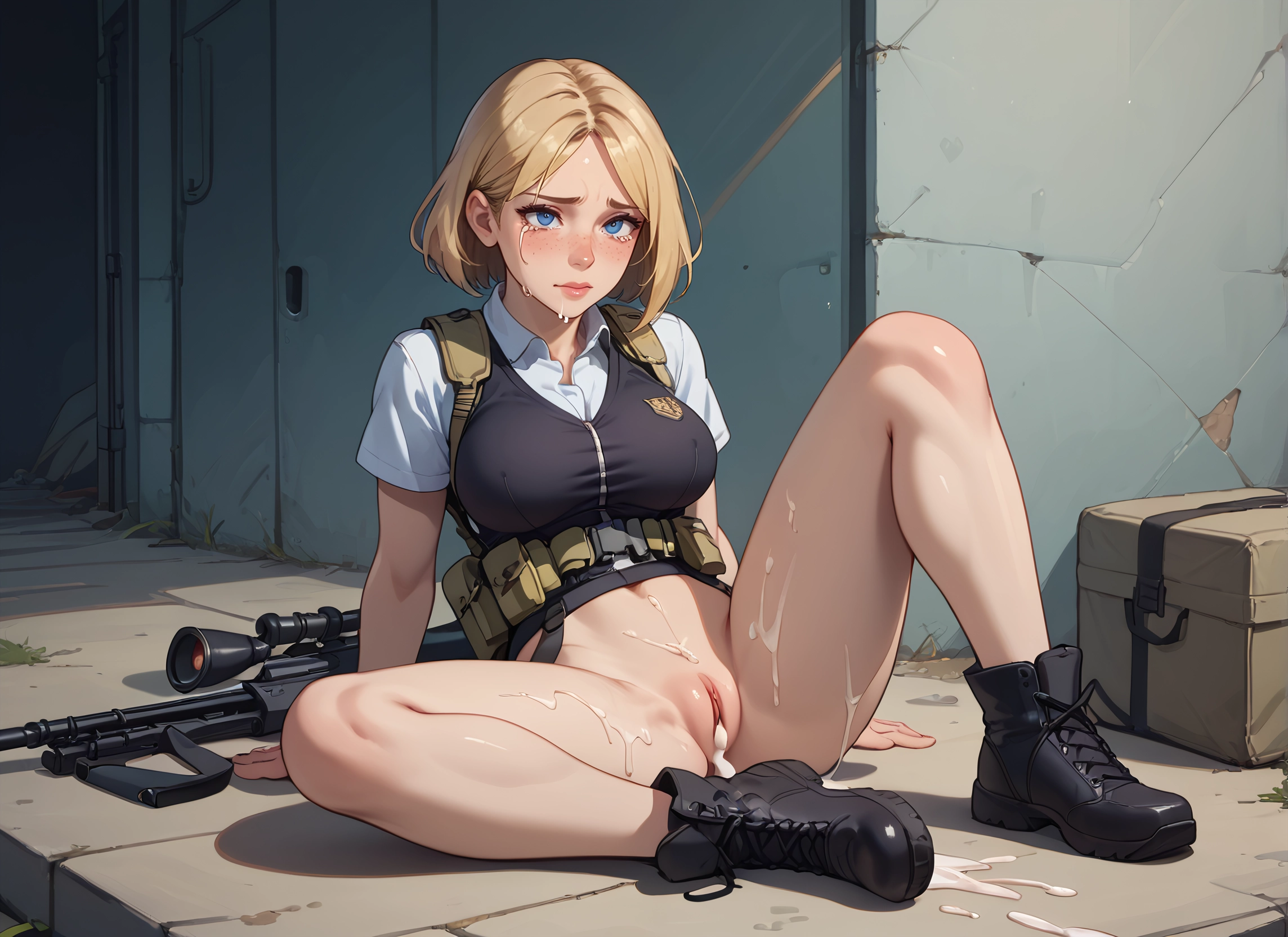1girl, cum, solo, weapon, gun, blue eyes · Yamete.gg