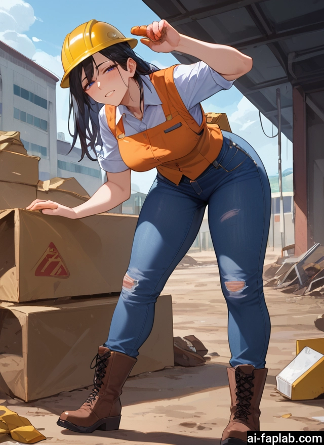 1girl, pants, boots, black hair, denim, torn clothes