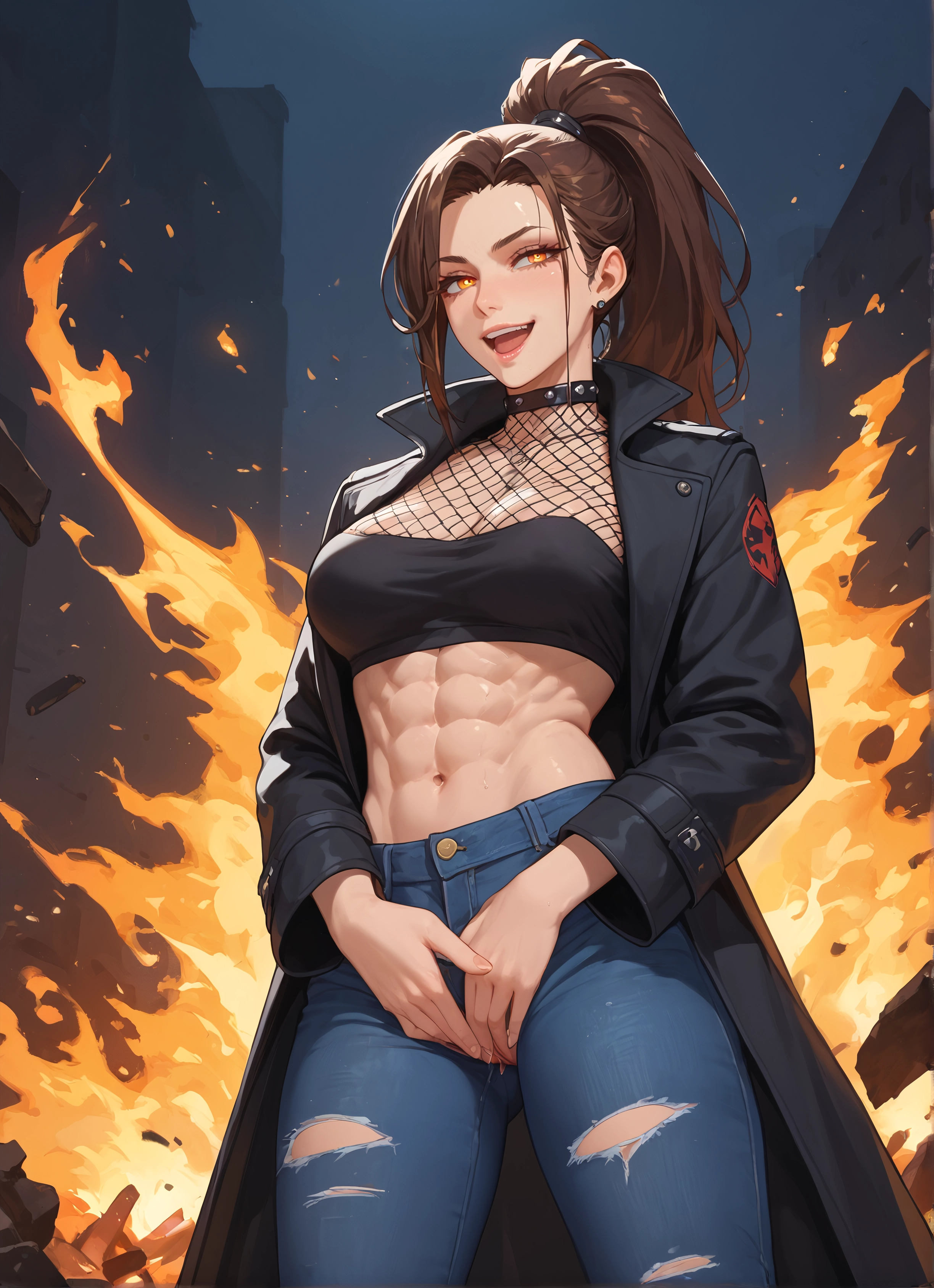 1girl, abs, solo, brown hair, breasts, pants · Yamete.gg