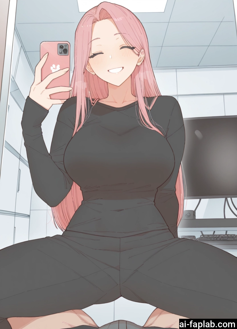 1girl, breasts, phone, pink hair, smile, closed eyes